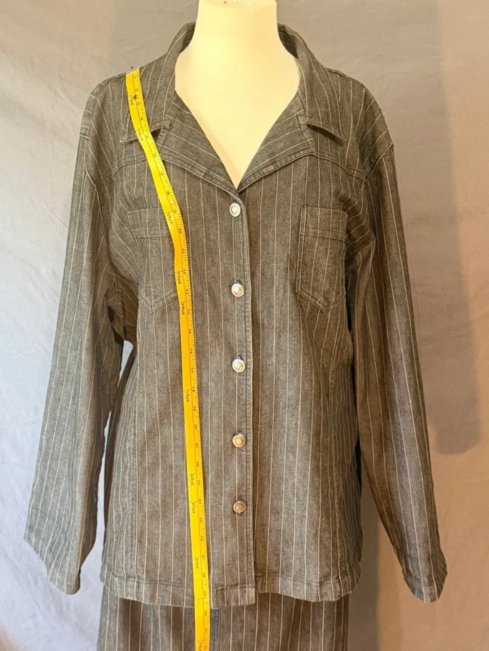 Liz & Me 2pc Skirt Set 20W Gray Denim Pinstripe Button Front Jacket Midi Skirt